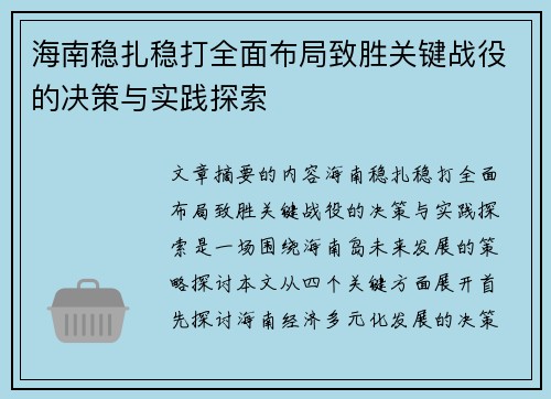 海南稳扎稳打全面布局致胜关键战役的决策与实践探索